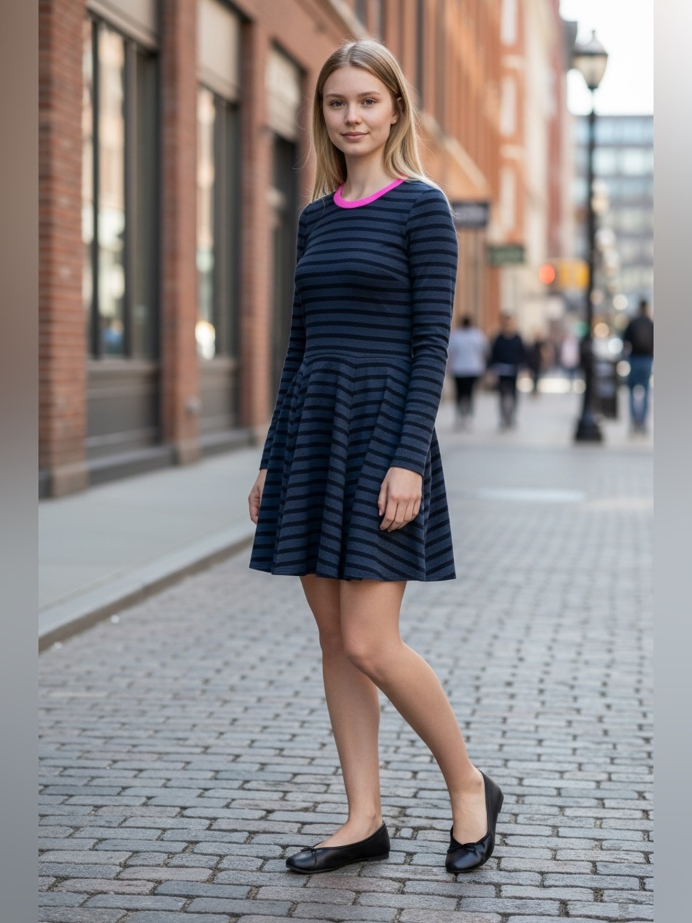 Saks Fifth Avenue Gray and Black Long-Sleeve Fit & Flare Dress